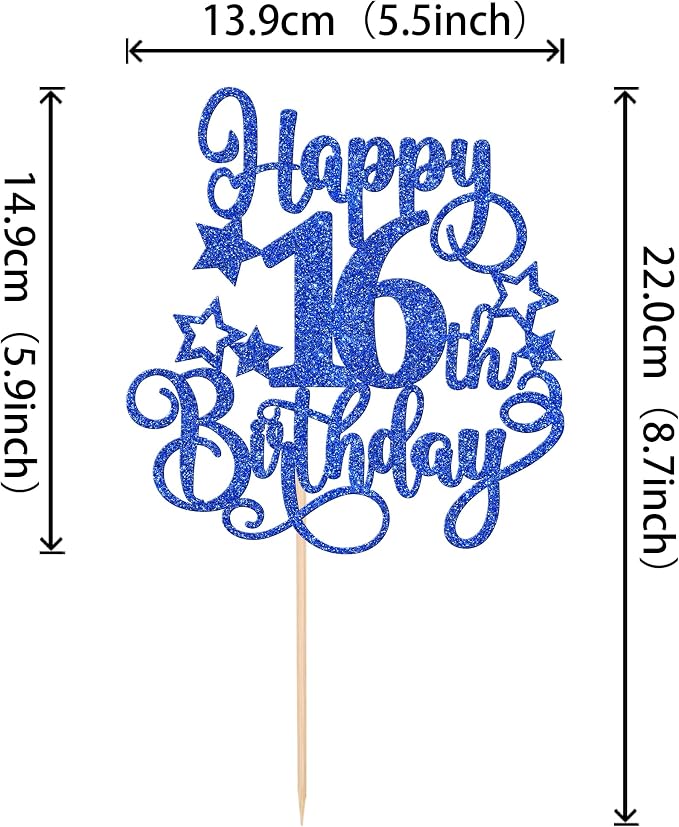 1 PCS Happy 16th Birthday Cake Topper Glitter Cheers to 16 Years Birthday Cake Pick Hello 16 Fabulous Cake Decoration for Happy 16th Birthday Anniversary Party Decorations Supplies Blue