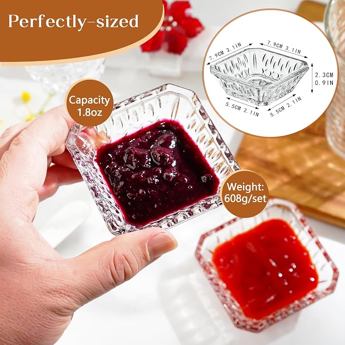 kanpura Mini Glass Bowls, Square Prep Bowl, Dishwasher Safe, Pinch Bowls for Dipping Spices Sauce, Stackable, 1.8 oz, Set of 6, (Clear)