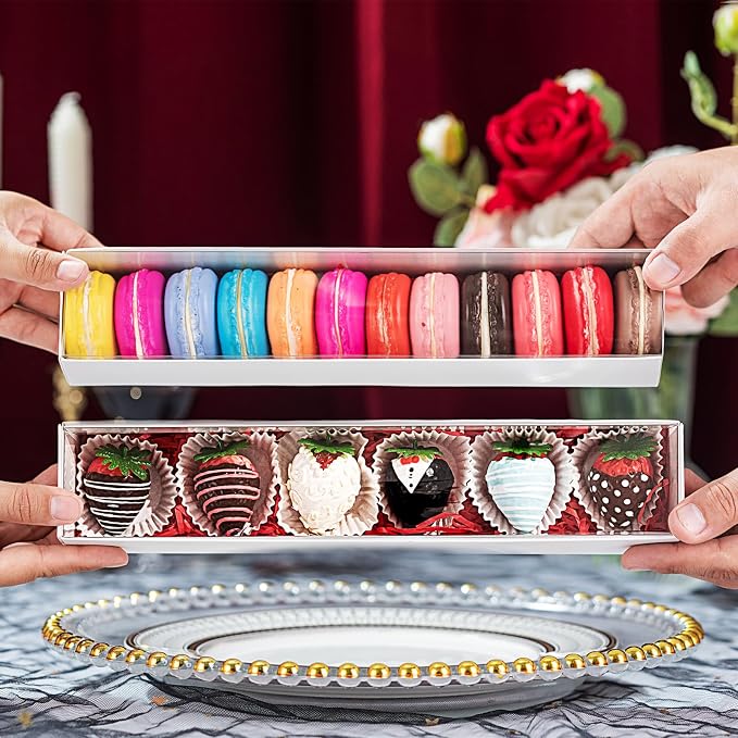RomanticBaking 51 Pack 12x2¼x2 Inch Long Bakery Boxes with Full Window Drawer Strawberry Boxes,Macaron boxes,Chocolate Boxes Truffle Boxes