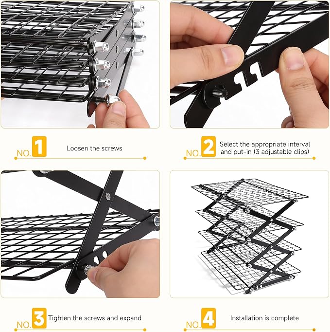 4-Tier Collapsible Stainless Steel Cooling Rack, Stackable Wire Drying Rack | Aguegro Adjustable Multi-Layer Cooling Grid for Cookies, Cakes, Roast Meat, Barbecue,Baking& Food Drying