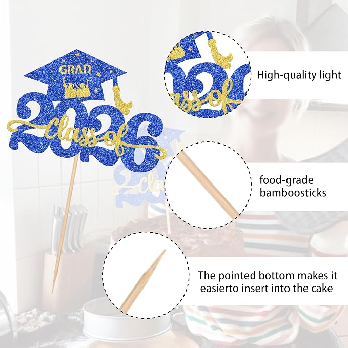 1 Pack Class of 2026 Cake Topper Glitter Congrats Grad Cap 2026 Graduation Cake Pick for 2026 Graduation Theme High School Graduate Party Cake Decorations Supplies Blue Gold