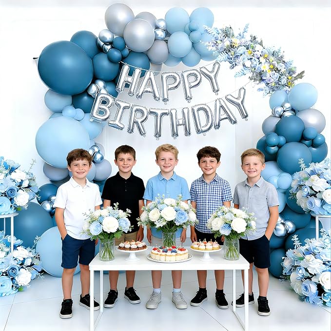 Blue Silver Gray Balloons Garland Arch Kit, Dusty Blue Metallic Silver Balloon Arch Kit for Birthday Baby Shower Wedding Graduation Father’s Day Gender Reveal Bachelorette Engagement Party Decorations