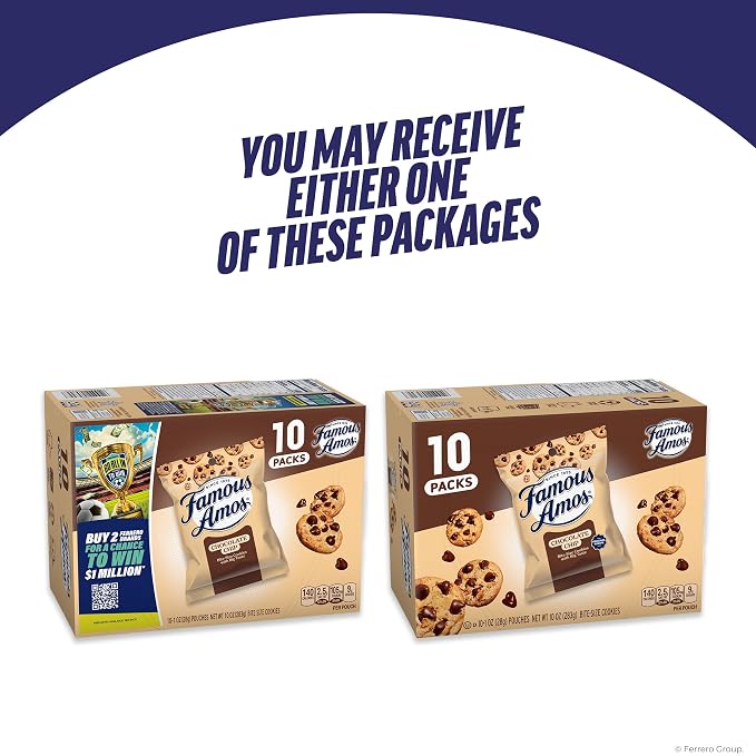 Famous Amos Classic Chocolate Chip Cookies, Bite-size cookies, Sweet Treats, 10 Pack Box, 1oz Bag
