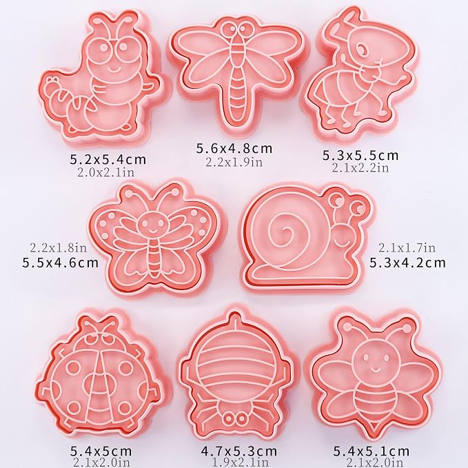 Insect Cookie Cutters Set 3D Cute Bee Dragonfly Ladybug 8 Pcs Cookie Cutter with Cookie Stamps for Baking (Insect)