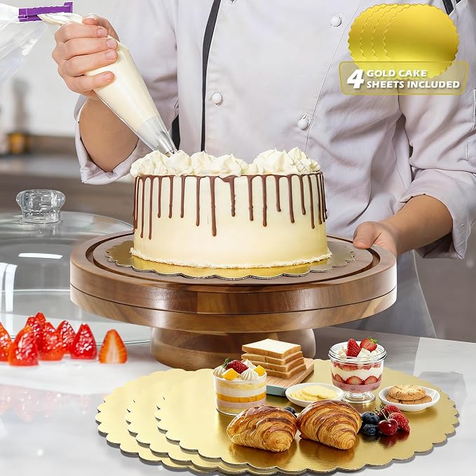 Jolitac Acacia Wood Cake Stand with Lid – 12" Wooden Rotating Cake Stand with Dome Cover, Round Cake Holder Stand with 4 Bonus Cake Sheets, Serving Tray for Cake, Cheese, Charcuterie & Parties