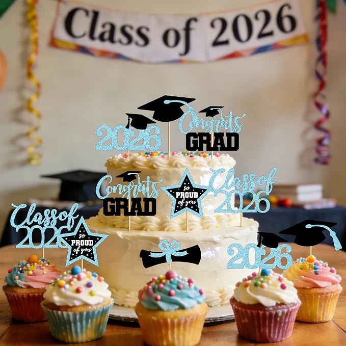 48 PCS Graduation Cupcake Toppers 2026, 6 Styles Grad Cupcake Toppers, Glittery Congrats Graduation Decor, Black and Sky Blue Cap and Diploma Cake Picks for Grad Decorations Party Supplies