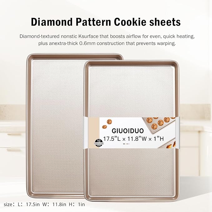 2 Pack Half Sheet Baking Pans,Commercial Quality Baking Sheet Pan Set,Carbon Steel Cooking Pans, Non Stick Baking Sheet for Oven,Large Thick Cookie Tray Pans for Baking（17.5" x 11.8" x 1"）