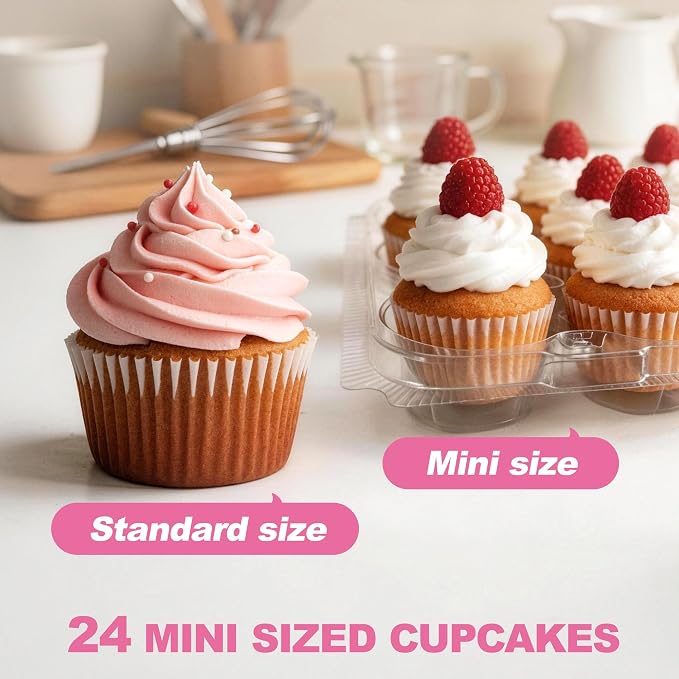 LotFancy (24 Count x 12 Sets) Mini Cupcake Containers with 288 Liners, Plastic Cupcake Boxes Holder, BPA Free, Clear Disposable Cupcake Carriers with Detachable Dome Lid