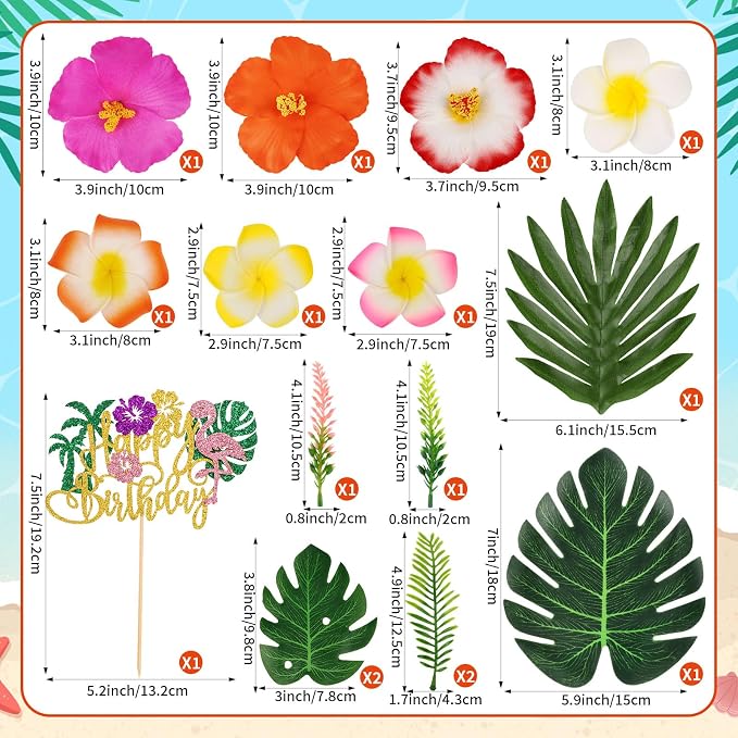 Hooqict 16Pcs Hawaiian Flower Cake Decorations Set with Palm Leaves Tropical Flowers Cake Toppers for Summer Hawaii Luau Beach Themed Birthday Party Decorations Supplies