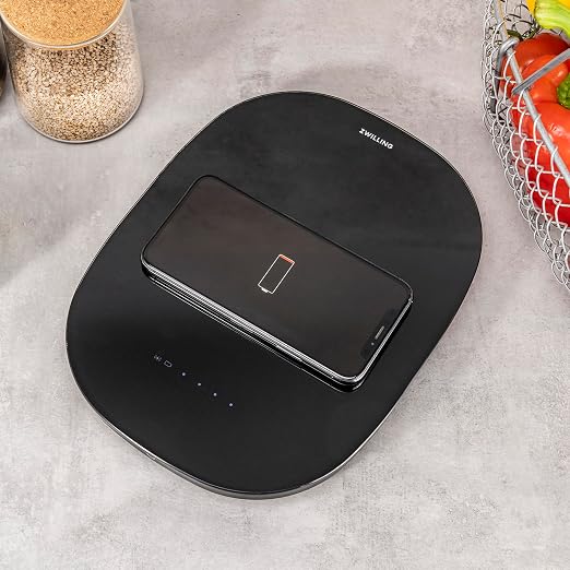 ZWILLING Enfinigy 2-in-1 Digital Kitchen Food Scale, Wireless Charging Station, Max weight 22lbs, Grams & Ounces, 0.1-gram Accuracy, Black