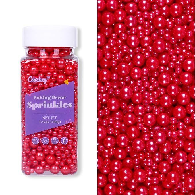 Red Pearl Sprinkles for Cake Decorations 3.52 ounce Edible Sugar Sprinkles for Cupcake Toppers Wedding Party Patriotic Valentines Halloween Christmas Holiday Supplies