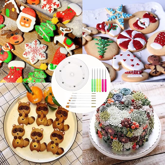 Cookie Decorating Kit Cookie Decorating Supplies with 1 Acrylic Turntable, 6 Cookies Fondant Brushes 6 Scribe Needle Royal Icing Tools