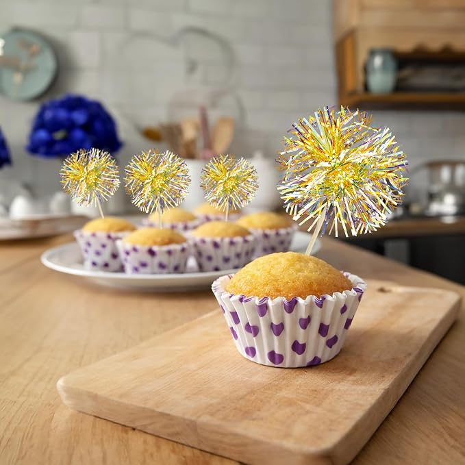 Gyufise 30Pcs Foil Firework Cupcake Toppers Sparkle Tinsel Cake Toppers Tinsel Drink Cake Decoration Cocktail Picks for Halloween Birthday Wedding Graduation Party Supplies Laser Yellow