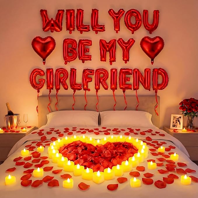 Will You Be My Girlfriend Balloon Proposal Decor 24 LED Flameless Tealight Heart Candle 2000 Artificial Rose Petals Love Balloon for Engagement Wedding Decor Romantic Special Night(White)