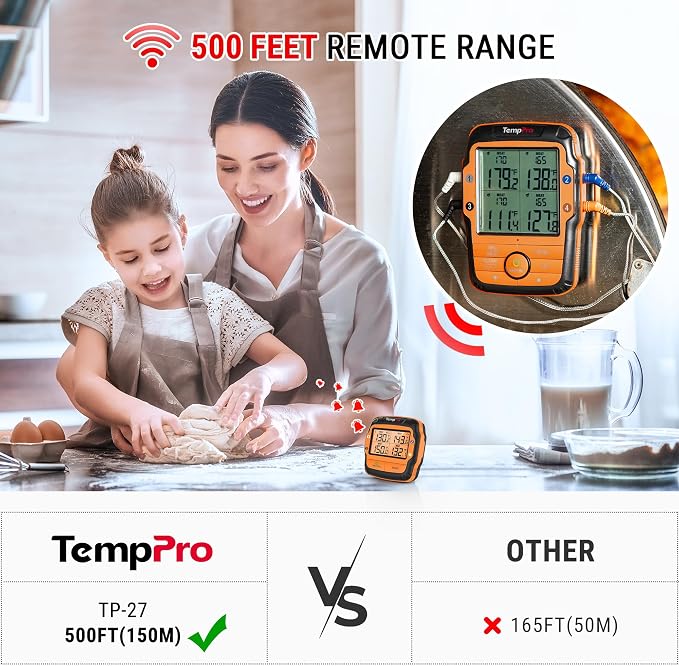 TempPro TP27 500FT Wireless Meat Thermometer for Grilling and Smoking with 4 Probes BBQ Kitchen Food Cooking Digital Thermometer for Meat Turkey Cooking Gift for Dad Him Husband (Previously ThermoPro)