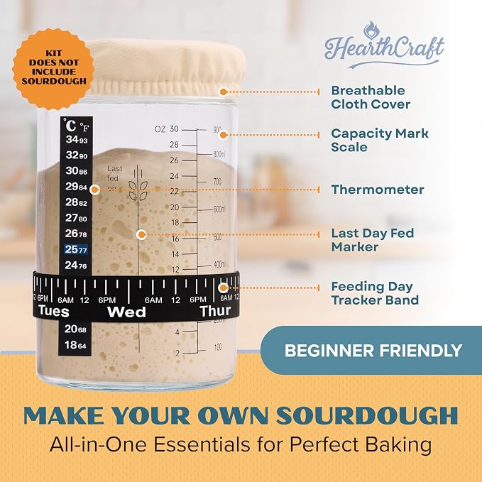 Sourdough Starter Jar Kit 34oz - Wide Mouth Glass Jar with Thermometer Strip, Feeding Day Tracker, Silicone Spatula, Cloth Cover, Measuring Cups & Metal Lid for Homemade Artisan Sourdough Bread Baking