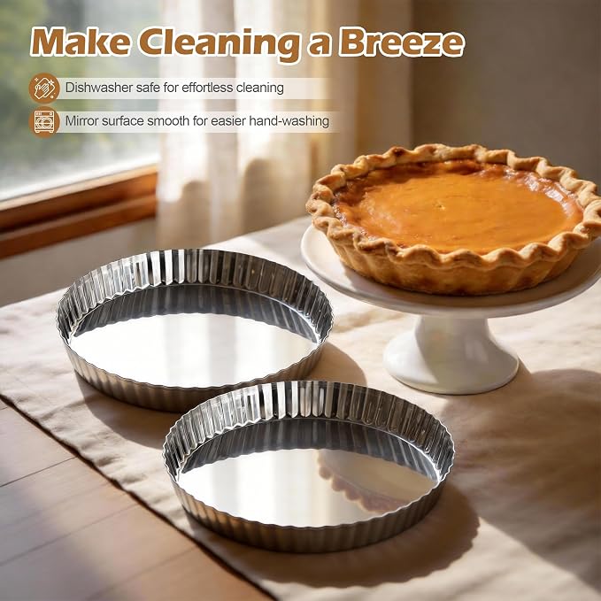 E-far 9.5 Inch Tart Pan, Stainless Steel Pie Quiche Pan Baking Dish for Oven, Reusable Pie Plate Tin with Fluted Edge & Seamless Bottom, No Leakage and Dishwasher Safe, Mirror Silver