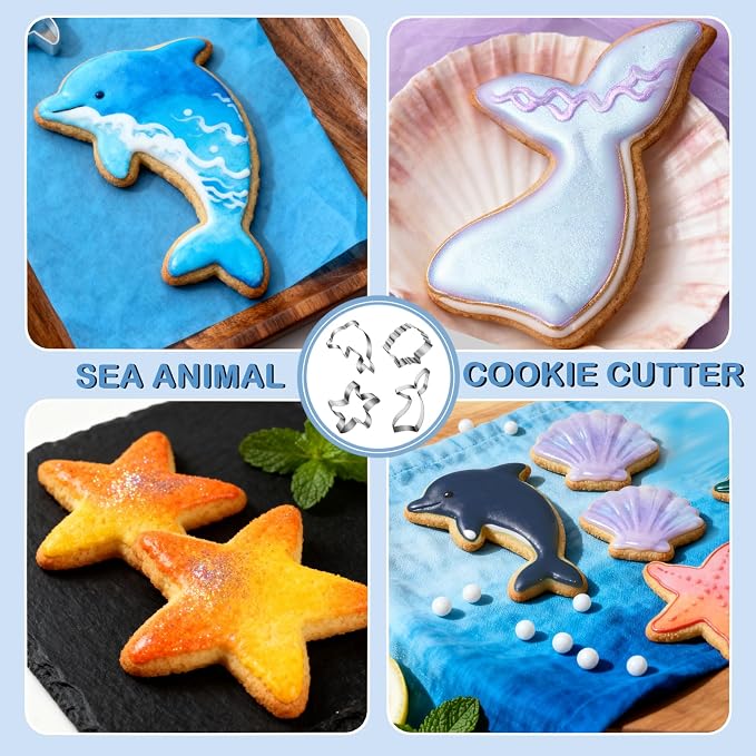 Mermaid Ocean Cookie Cutters- 4" Large Under The Sea Creatures Cute Cookie Cuttesr For Holiday Themed Parties, Mermaid Tail, Starfish, Seashell,Dolphin (4Pcs)