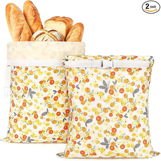 2pack Beeswax Linen Bread Bag Large Reusable Sourdough Bread Bags | 17 x 12 in, Beeswax Liner, Buckle Closure, Keep Bread Fresh, Baking Storage, Fruit Design