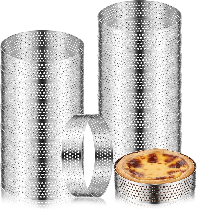 20 Pcs 3.15'' Perforated Tart Rings, Round Stainless Steel Baking Nonstick Metal Round Cake Ring for Cookies fruit tarts Prevent Soggy Crust & Even Baking