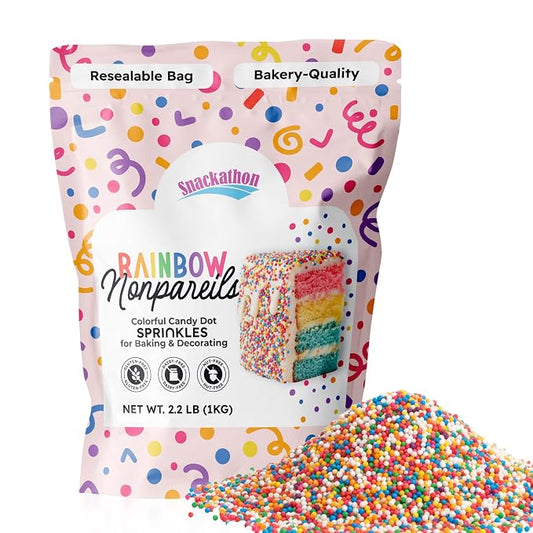 Snackathon Sprinkles for Baking & Decorating, Rainbow Nonpareils, 2.2 LB Bulk Resealable Bag – Colorful Candy Dot Toppings for Cupcakes, Birthday Cakes, Cookies, Ice Cream & Desserts