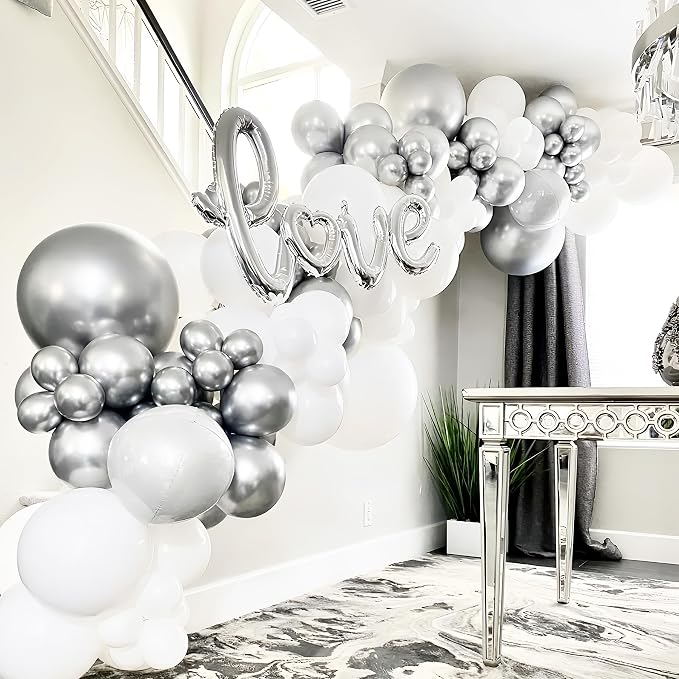 Voircoloria 130pcs Metallic Silver Balloons Different Sizes 18" 12" 10" 5" Chrome Silver Balloon Garland Arch Kit for Graduation Birthday Baby Shower Wedding Anniversary New Year Party Decorations