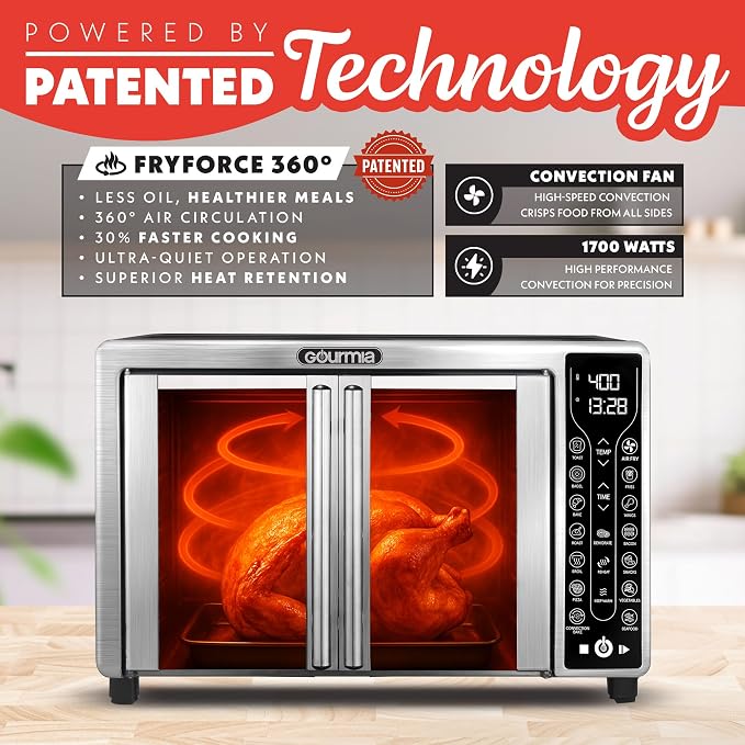 Gourmia French Door Air Fryer Toaster Oven – 6-Slice Capacity, FryForce 360°, Digital Display with 17 Cooking Presets, Stainless Steel