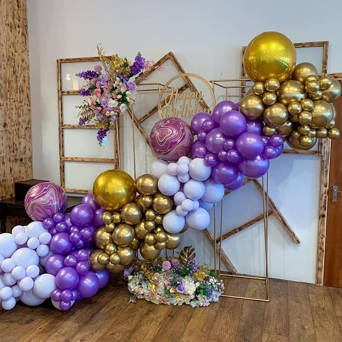 Purple Gold Balloon Garland Arch Kit, Metallic Gold and Latex Purple Balloons Different Sizes 18/12/10/5 inch for Wedding Anniversary Birthday Graduation Bridal Shower Bachelorette Party Decorations