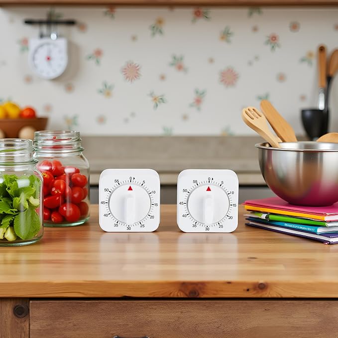 2Pcs White Timer Clock 60-Minute Mechanical Kitchen Timer Wind up Visual Cooking Clock with Loud Alarm No Batteries Required Ideal for Cooking Baking and Kitchen Management