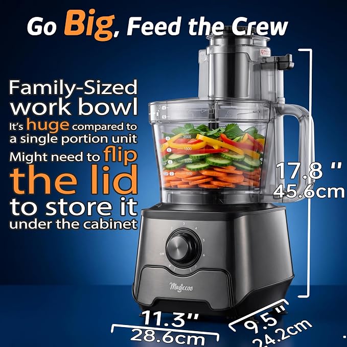 14-Cup Food Processor, 1000W Motor, Storage Drawer, Metallic Color | 7 Speeds, XL Bowl & Large Feed Chute, French Fry Cutter, Chop, Slice, Shred & Mix Veggies, Cheese & Meat for Family Meals