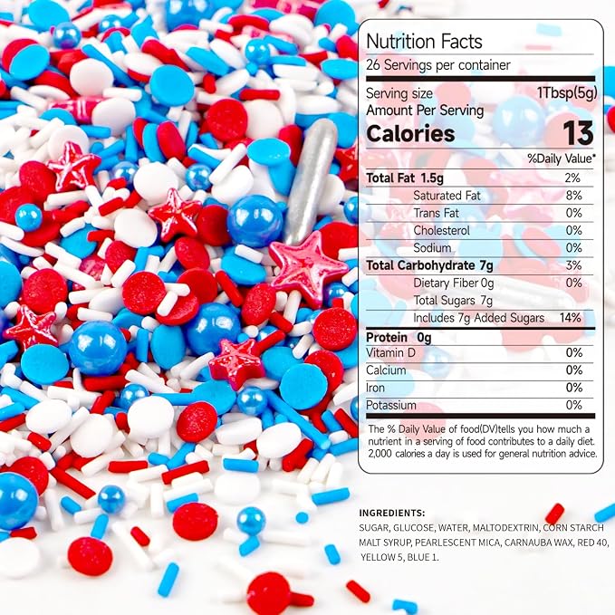 Patriotic Sprinkles, 4th of July, 130g/4.59oz, Edible Red White Blue Jimmies Sprinkles for Cake Decorating, Cake Decorations, Cupcake Toppers, Independece Day Festival Supplies
