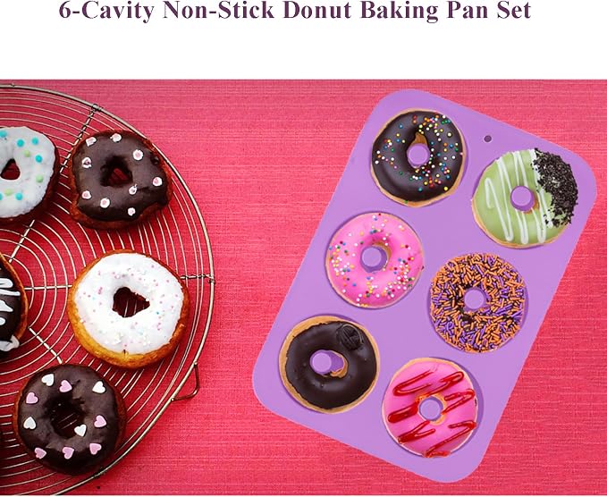 2-Pack Donut Pan Set, Messar Silicone Doughnuts Tin Baking Tray Maker Pan, Non-Stick Cake Mold, Easy to Bake Full Size Perfect Shaped Donuts to Sweeten Your "Hole" Day (Light purple & Rose red)