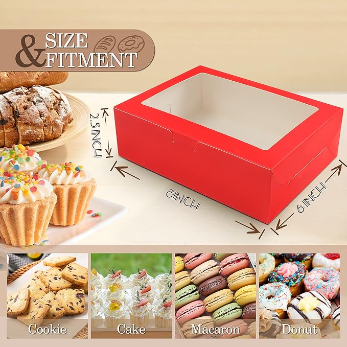 KPOSIYA 65 PCS 8x6x2.5 Inch Cookie Boxes with Window Red Bakery Boxes Pastry Boxes for Gift Giving, Treat, Dessert, Cupcakes, Chocolate, Strawberries, Donuts, Muffins (5 Style Windows)