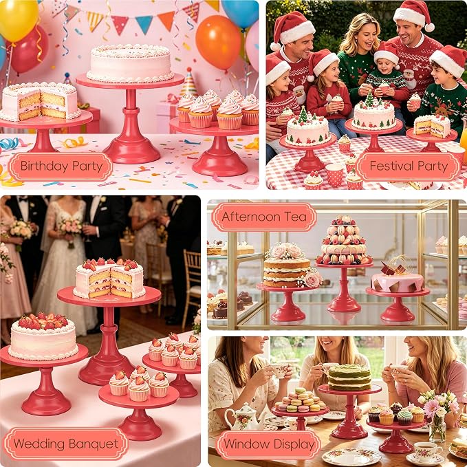 Three-piece Cake Stand Set, Metal Round Trays, 8-inch, 10-inch, and 12-inch, for Dessert Table displays; Perfect for Christmas, Thanksgiving, Birthdays, Weddings, and Other Celebrations(Red)