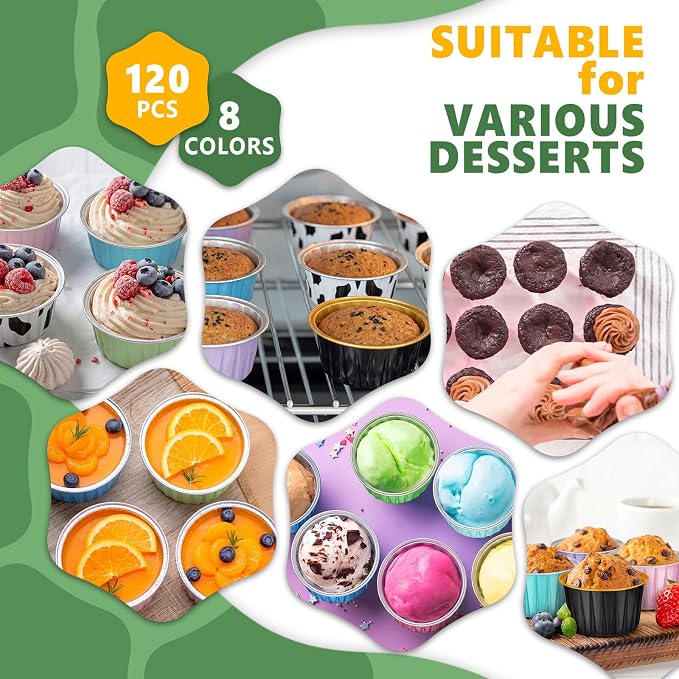 Eaasty 120 Pcs Aluminum Foil Baking Cups Mini Cake Pans with Lids 5 oz Cupcake Liners Disposable Muffin Tins Wrappers Baking Foil Ramekins Pans Aluminum Cupcake Cups for Birthday Party (Bright Color)