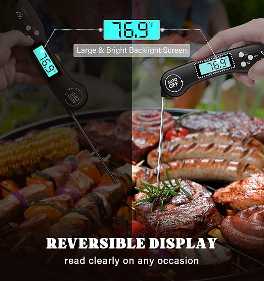 DOQAUS Digital Meat Thermometer, Instant Read Food Thermometer for Cooking with Backlit & Auto-Rotating Display, 4.6” Probe for Grilling, Baking, and Perfect BBQ - Black