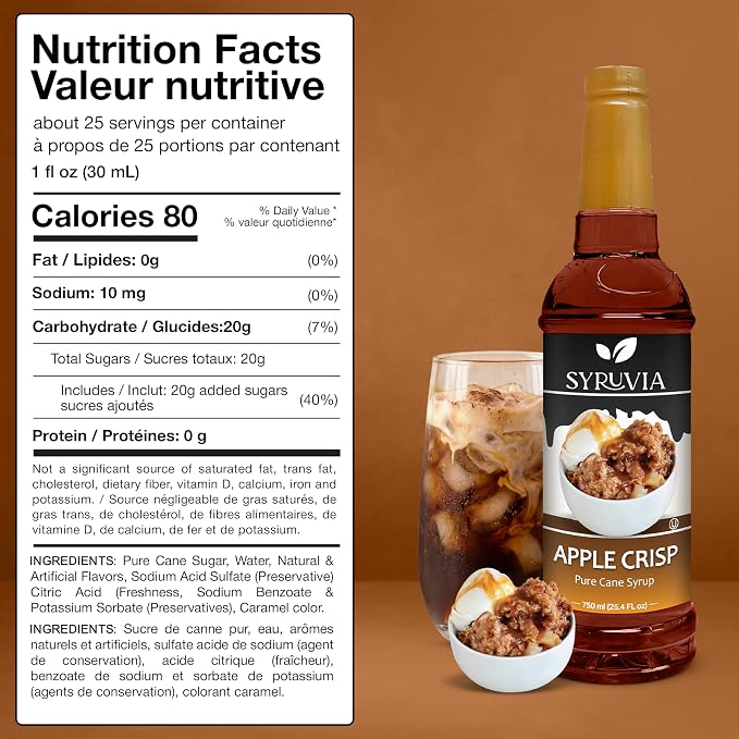 Syruvia Coffee Syrup, Apple Crisp Flavored Syrup for Drinks, Lattes, and Desserts – 25.4 fl oz - with Pump