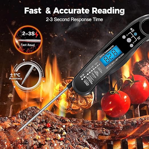 New 2-in-1 Instant Read Meat Thermometer for Cooking, Fast & Precise Digital Food Thermometer with Backlight, Magnet, Waterproof and Dual Foldable Probe for Kitchen Oven, Deep Fry, BBQ, Grill (Black)