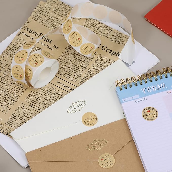 Handmade Stickers Set, 1500 Pieces Thank You Round Stickers Handmade with Love Sticker Roll 1 Inch Thank You & Love Labels Round Adhesive Eco-Friendly Sticker for Present Bag Thanksgiving (3 Rolls)