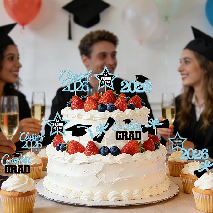 48 PCS Graduation Cupcake Toppers 2026, 6 Styles Grad Cupcake Toppers, Glittery Congrats Graduation Decor, Black and Sky Blue Cap and Diploma Cake Picks for Grad Decorations Party Supplies