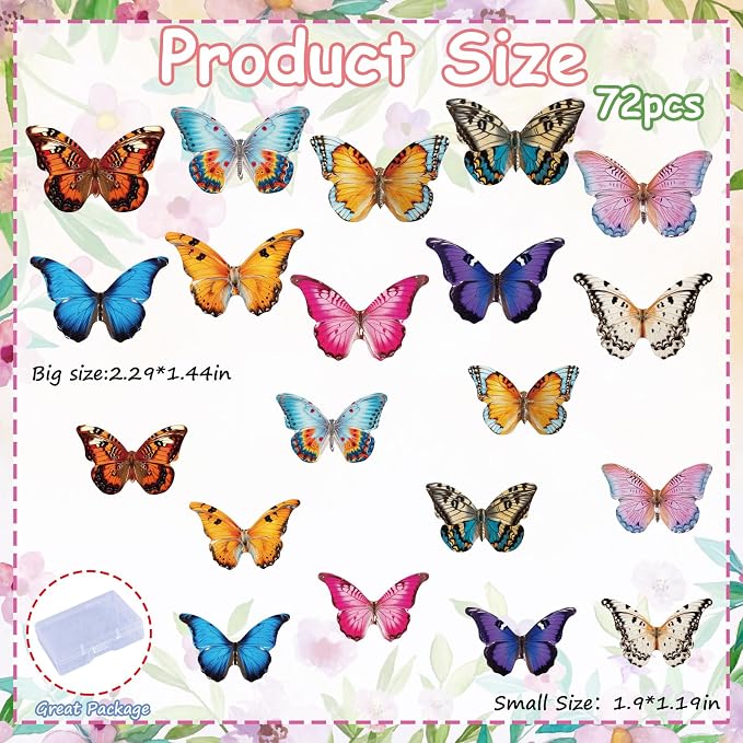 72PCS Edible Butterfly Cupcake Toppers Wafer Paper 3D Butterflies Cake Picks Colorful Cake Decorations for Spring Theme Baby Shower Wedding Kids Birthday Party Cake Decor Supplies