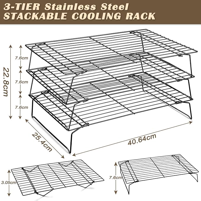 Pleafind 3 Pieces Stackable Cooling Rack Set, 16 x 10 Inch Stainless Steel Roasting Rack, Cooling Racks for Cooking, Baking, Roasting, Grilling, Oven and Dishwasher Safe
