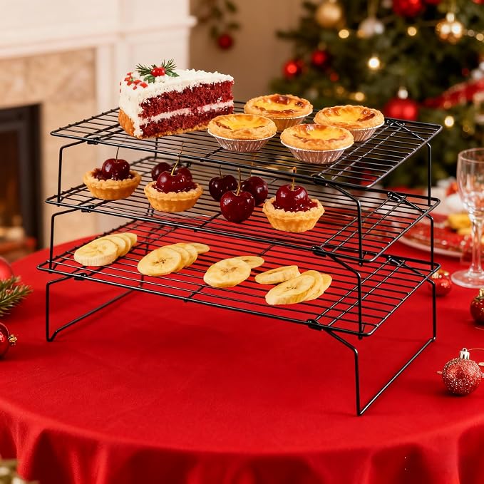 3-Tier Collapsible Cooling Racks, Detachable Wire Cooling Rack Stackable Drying Rack for Cookie Bread Pizza Baking, Fruits, Snacks Perfect for Outdoor Camping