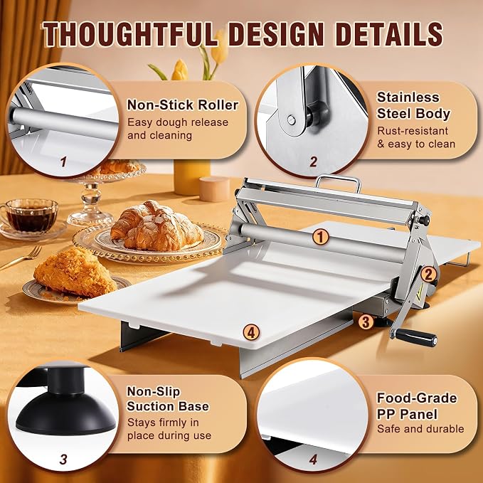 Folding Dough Sheeter 15.5" Manual Dough Roller Machine Croissant Dough Laminator Thickness Adjustable Suitable for Pizza, Croissants, Puff Pastry, Pasta Stainless Steel