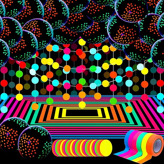 Skylety 32 Pcs Glow in The Dark Party Supplies Neon Party Favors with 25 Fluorescent Balloon 6 Rolls 98.4 ft UV Blacklight Luminous Tape 14.4 ft Neon Streamer Garland for Adults(Funny Dot)