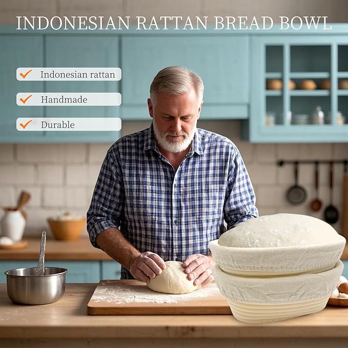 Bread Proofing Basket Set - 2 Oval Banneton Baskets with Linen Liners for Sourdough & Artisan Bread Making, Natural Rattan (8" x 5")