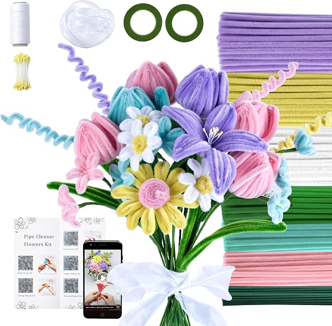 LENYNAL 500 Pcs Pastel Pipe Cleaners Bulk Craft, Macaron Pipe Cleaner Flower Kit, Glue-Free & Safe for Kids, Step-by-Step Tutorial, 6 Colors Chenille Stems for Flower Making