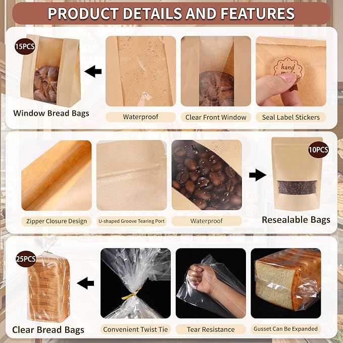 Bpole 3-in-1 Bread Loaf Bags for Homemade Bread - 50pcs Bakery Paper Plastic Bags for Homemade Sourdough Bread Storage,Snacks,Sandwich, Candies and Cookies,Preservation Freshness and Gift Giving