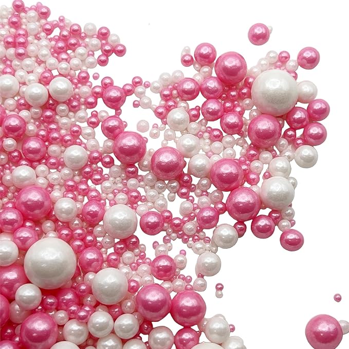 SE Si&Moos Hot Pink and White Pearl Sprinkles for Cake Decorating Valentines Sprinkles White Edible Pearl Cake Decorations Hot Pink Sprinkles for Cake, Baby Shower Valentine Party Holiday Christmas Supplies 3.5 OZ