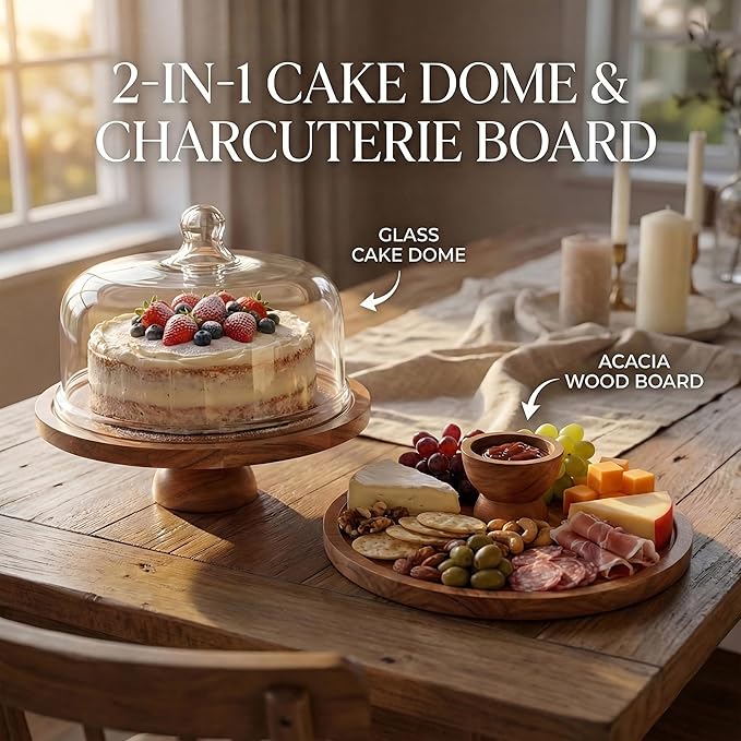 Cake Stand with Clear Dome Lid – 12 Inch Acacia Wood 2-in-1 Reversible Cake Stand & Charcuterie Board – Cake Keeper with Cover for Kitchen, Party & Home Decor